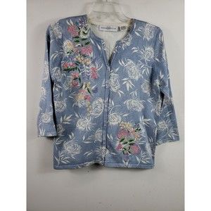 MARISA CHRISTINA WOMENS L Large Blue Embroidered Embellished Silk Blend 3/4 slee